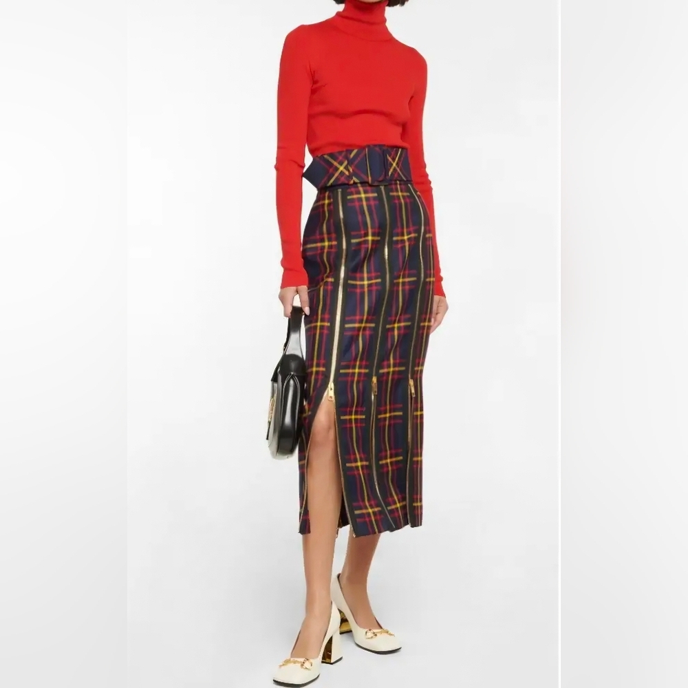 Gucci High-Waist Belted Zip-Front Wool Tartan Skirt